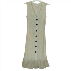 Monteau Rayon Linen Maxi‎ Dress Sleeveless Cream Button Down Ruffle Size Small